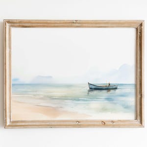 Tranquil Fishing Rowboat Watercolor Print, Muted Coastal Scene Digital Download Gift