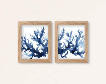 Blue Coral Watercolor Print Set: Coastal Nautical Wall Art (Digital Download)