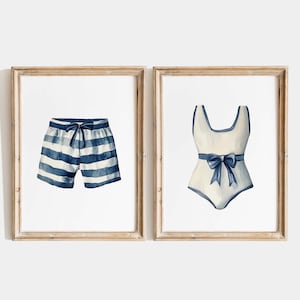Navy Striped Swim Set – Coastal Swimsuit & Trunks Art (Digital Download)