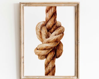 Nautische touwknoop aquarelprint: Coastal Beach House Art (digitale download)