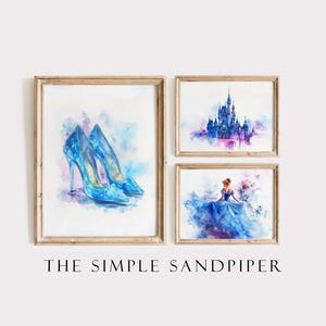 Afdrukken Assepoester kasteel en glazen muiltje, set van 3 aquarel kunst aan de muur, decor blauwe prinses, digitale downloadset