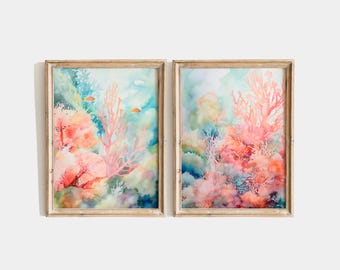 Pastel Coral Reef Two-Piece Watercolor Art, Calm Oceanic Flora Digital Download, Beach House Gift