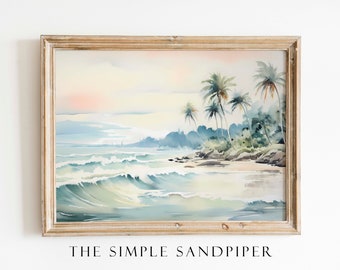 Neutral Beach Watercolor Painting, Seascape Wall Art, Coastal Instant Prints, Nautical Digital Download The Simple Sandpiper