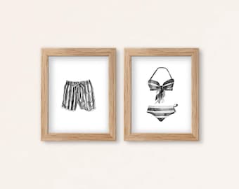 Black & White Stripe Swim Set – Bikini and Trunks Art (Digital Download)