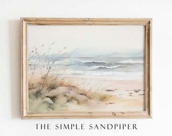 Neutral Beach Watercolor Painting, Seascape Wall Art, Coastal Instant Prints, Nautical Digital Download The Simple Sandpiper