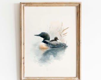Loon And Chick Watercolor Print: Lake Wildlife Wall Art (Digital Download)