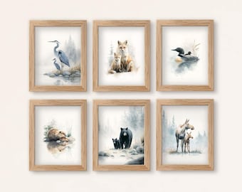 Aquarelprintset Woodland Wildlife: serene natuur muurkunst (digitale download)