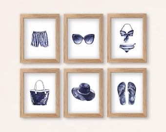 Set of 6 Watercolor Beachwear Prints – Coastal Gallery Wall Art (Digital Download)