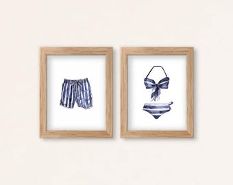 Striped Swimsuit Watercolor Art Print: Navy & White Coastal Decor (Digital Download)