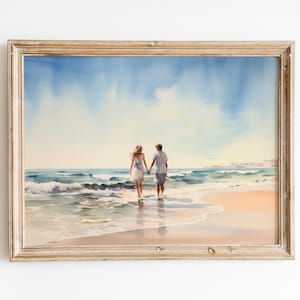 Ocean Love Watercolor Print, Romantic Couple Beach Walk Art, Digital Download Gift