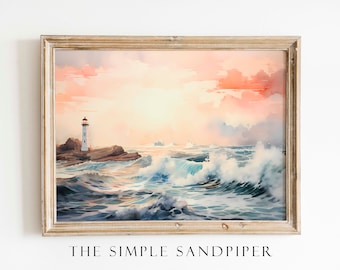 Lighthouse Watercolor Painting, Seascape Wall Art, Coastal Instant Prints, Nautical Digital Download The Simple Sandpiper