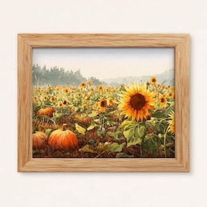 Watercolor Sunflowers and Pumpkins Print: Misty Autumn Field Landscape (Digital Download)