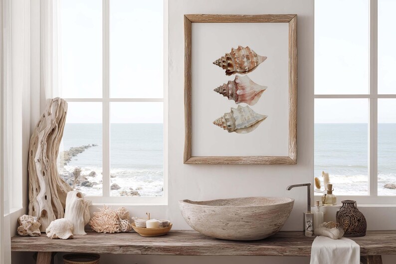 Coastal Conch Shell Trio Watercolor Print: Beach Cottage Wall Art ...