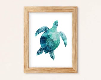 Impresión de acuarela de tortuga marina: Arte mural costero oceánico (descarga digital)