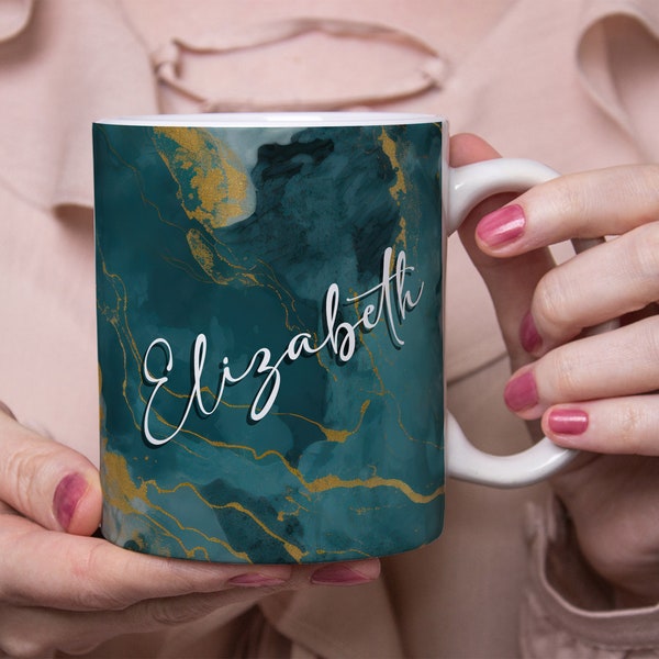 Aquamarine Marble Effect Mug, Name Mug, Custom Name Gift, Personalised Mug, Coffee Cup Tea Gift For Her, Sister Mum Best Mate Birthday Gift