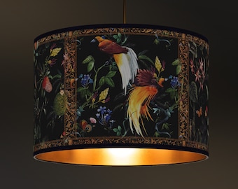 Tropical Exotic Lampshade, Tropical motif with birds and flowers, black background, Golden Interior, Vintage Light for interior decoration