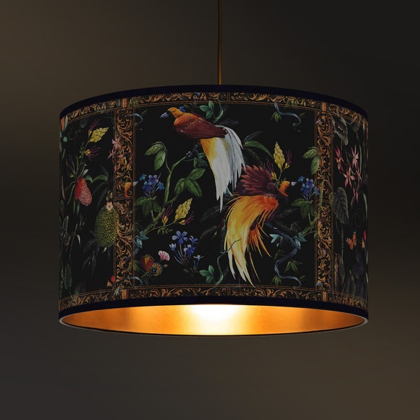 Abat-jour Tropical Exotique,  Motif tropical avec oiseaux et fleurs sur fond noir, Design Élégant, Intérieur Doré, Luminaire Vintage