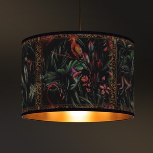 Cylindrical lampshade with a dense tropical pattern - Handcrafted with jungle and bird motifs, golden interior lampshade, vintage lighting