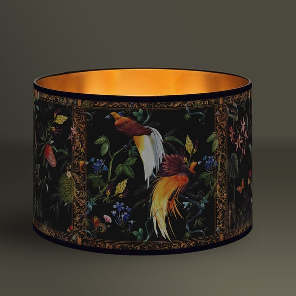 Abat-jour Tropical Exotique,  Motif tropical avec oiseaux et fleurs sur fond noir, Design Élégant, Intérieur Doré, Luminaire Vintage