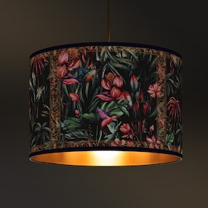 Tropical Chic Suspension Lampshade, Exotic Patterns and Vintage Ornaments, Brushed Gold Interior, Elegant Design for Warm Indoor Lighting