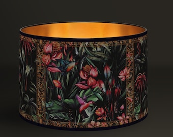 Tropical Chic Lampshade, Exotic Patterns and Vintage Ornaments, Brushed Gold Interior, Elegant Design for Warm Indoor Lighting