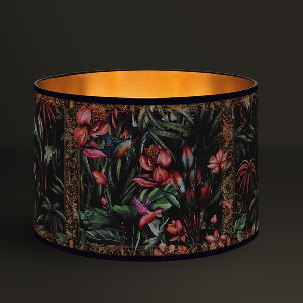 Tropical Chic Lampshade, Exotic Patterns and Vintage Ornaments, Brushed Gold Interior, Elegant Design for Warm Indoor Lighting