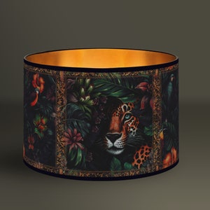 Lush Royal Jungle Lampshade, Panther and Exuberant Foliage, Vintage Ornaments, Brushed Gold Interior, Warm Interior Lighting