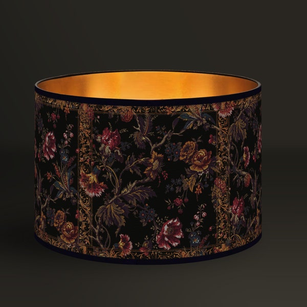 Abat-jour Motif Floral Vintage sur Fond Noir en Tissu - Intérieur Doré - Style Baroque avec Ornements, Luminaire Intérieur Chaleureux