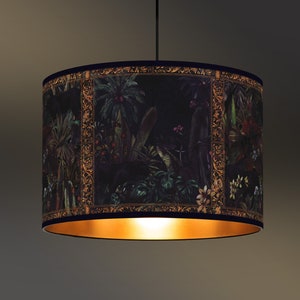Tropical black fabric lampshade, Luxuriant exotic patterns, Golden interior, Unique decorative element, Handmade in France