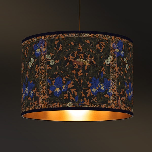 Fabric Cotton Lampshade - Decorative black light fixture with floral and animal motifs in Art Nouveau style and gold interior