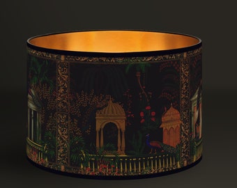 Lampshade Oriental Escape, Elegant Peacocks and Moorish Architecture, Golden Touch, Brushed Gold Interior, Warm Interior Lighting