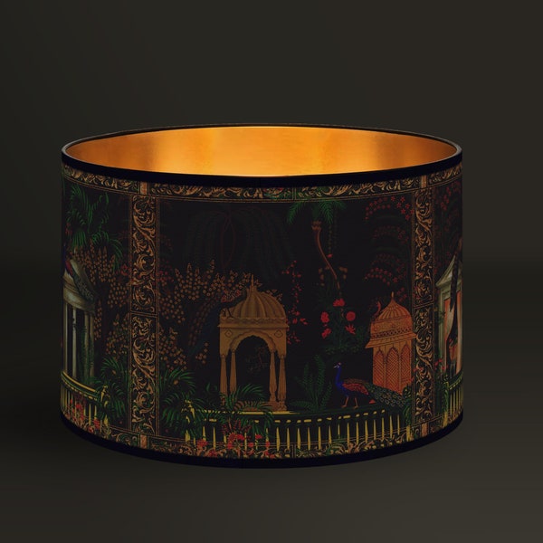 Lampshade Oriental Escape, Elegant Peacocks and Moorish Architecture, Golden Touch, Brushed Gold Interior, Warm Interior Lighting