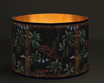 Vintage lampshade illustrated with a panther and a monkey in the jungle, for an exotic and captivating decoration. Golden Interior