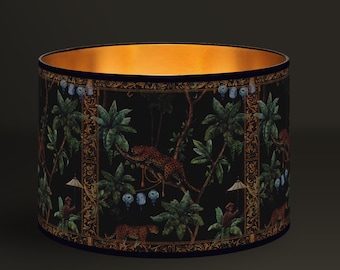 Vintage lampshade illustrated with a panther and a monkey in the jungle, for an exotic and captivating decoration. Golden Interior