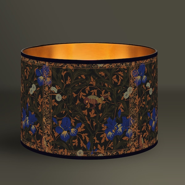 Fabric Cotton Lampshade - Decorative black light fixture with floral and animal motifs in Art Nouveau style and gold interior.