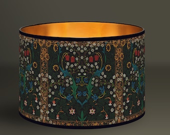 Lampshade Artisanal, Medieval Floral Pattern, Lampshade with fabric and golden interior for warm lighting against a dark green background.