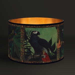 Lampshade Parrot, Tropical Jungle Design, Golden Interior, Radiance and Warm Colors, Vintage Interior Decoration, Classic Style