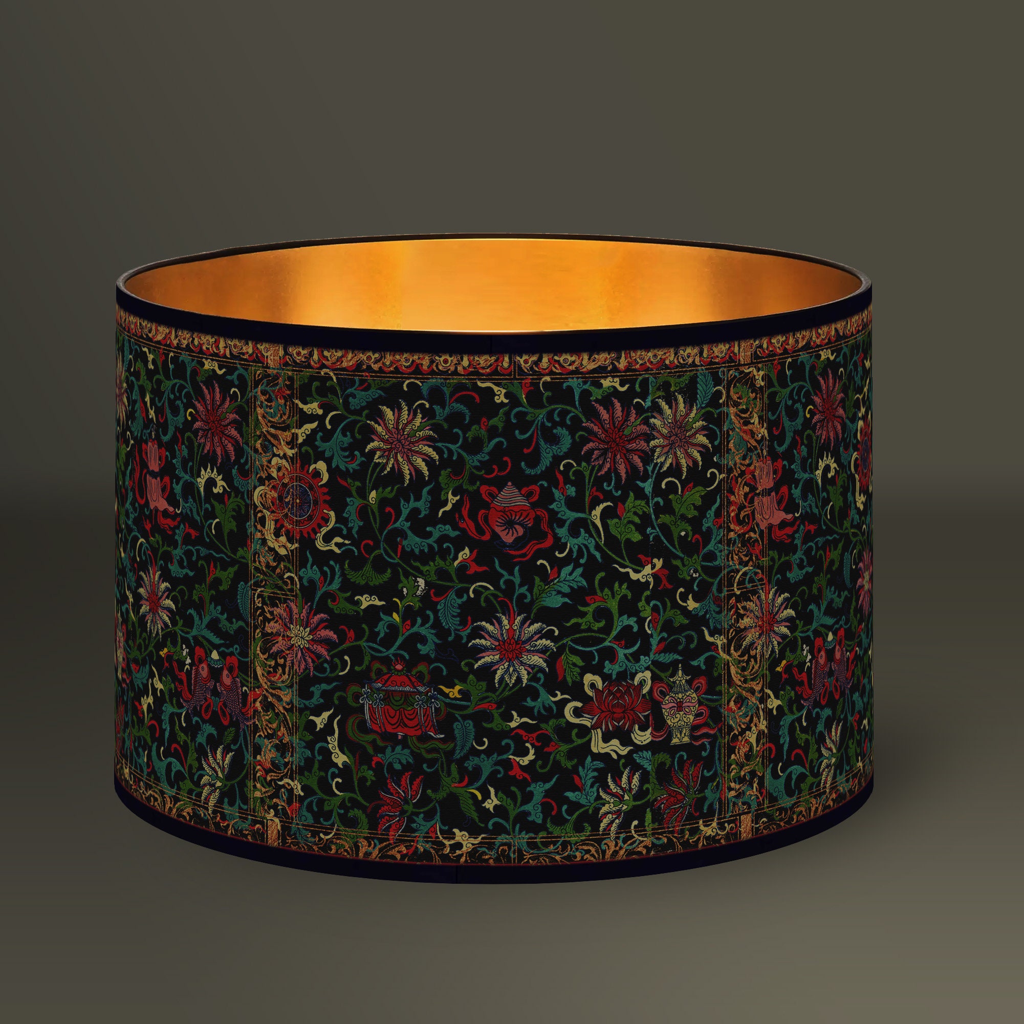 abat-jour motifs renaissance florale, tissu coton, inspiré du baroque, avec intérieur doré éclatant, pour un cozy et chaleureux