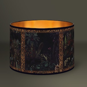 Tropical black lampshade, Luxuriant exotic patterns, Golden interior, Unique decorative element, Handmade in France
