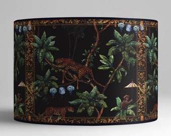 Vintage lampshade illustrated with a panther and a monkey in the jungle, for an exotic and captivating decoration.