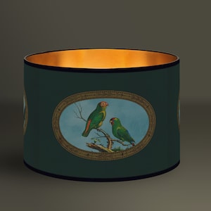 Lampshade Green Elegance Nature, Colorful Parrots and Classic Border, Refined Luminaire, Brushed Gold Interior, Warm Indoor Lighting