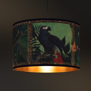 Lampshade Parrot, Tropical Jungle Design, Golden Interior, Radiance and Warm Colors, Vintage Interior Decoration, Classic Style
