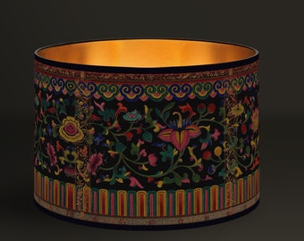 Exotic drum lampshade, multicolored floral pattern, bohemian interior decoration, handmade, unique design, Brushed Gold Interior, Warm Light