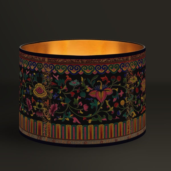 Exotic drum lampshade, multicolored floral pattern, bohemian interior decoration, handmade, unique design, Brushed Gold Interior, Warm Light
