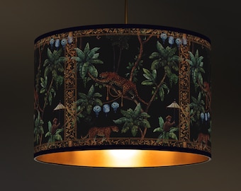 Vintage pendant lampshade illustrated with a panther and a monkey in the jungle, Exotic Decoration. Ceiling lampshade, Golden Interior