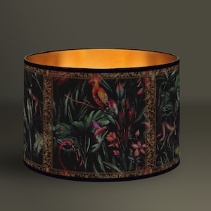 Cylindrical lampshade with a dense tropical pattern - Handcrafted jungle and bird motifs, golden interior lampshade, vintage indoor lighting