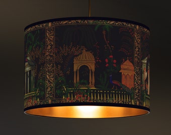 Lampshade Pendant Oriental Escape, Elegant Peacocks and Moorish Architecture, Golden Touch, Brushed Gold Interior, Warm Interior Lighting