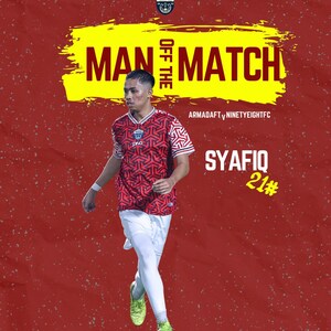 May include: A football player wearing a red and black jersey with a white number 21 on the back. The player is running with the ball. The text "Man of the Match" is in yellow on a yellow background. The text "ARMADAF vs NINETYEIGHTFC" is below the player. The text "SYAFIQ" is in yellow on a yellow background.