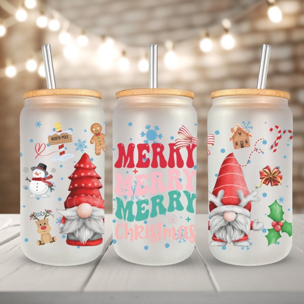 Christmas Gnome 16oz Sublimation Beer Glass with Bamboo lid and Straw