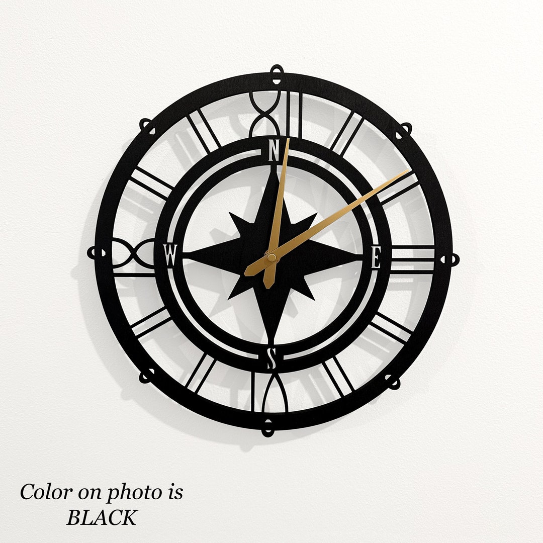 Compass Wall Clock, Handmade Wooden Clock, Wall Hanging Clock, Decorative Wall Clock, Unique